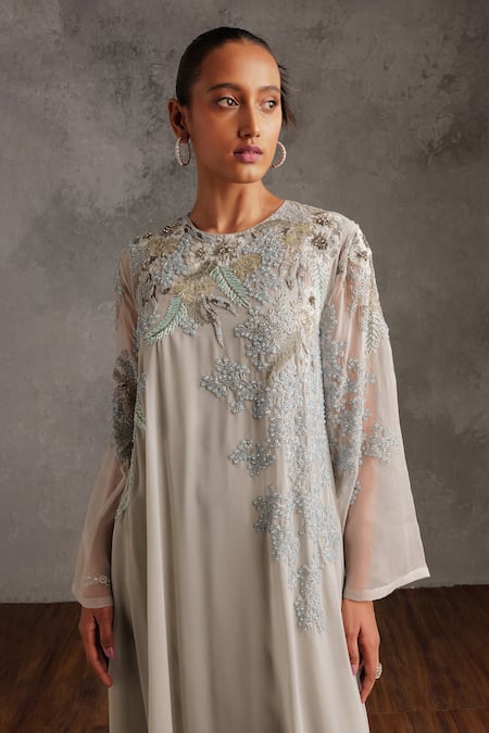 Not So Serious By Pallavi Mohan_Grey Georgette Embellished Sequin Round Frida Cutdana Dress _Online_at_Aza_Fashions