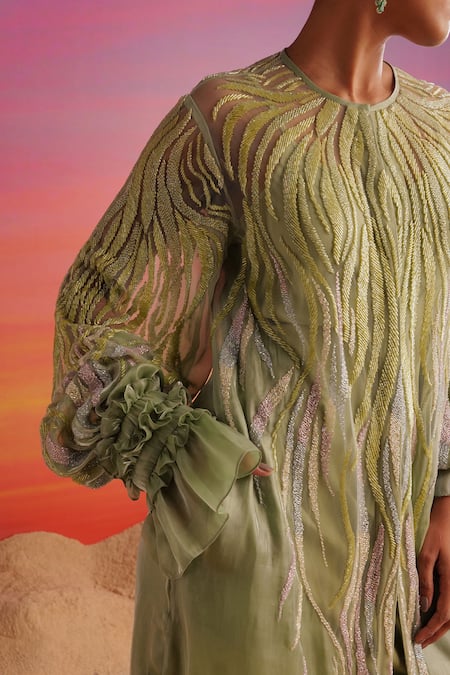 Not So Serious By Pallavi Mohan_Green Organza Embellished Sequin Dress Round Karla Cutdana _Online_at_Aza_Fashions