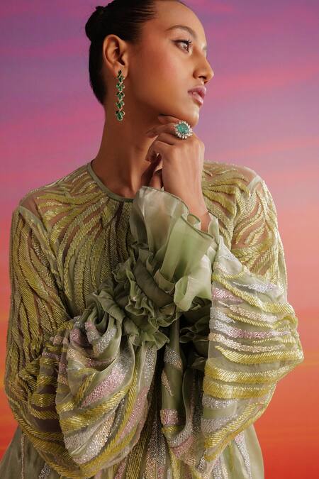 Buy_Not So Serious By Pallavi Mohan_Green Organza Embellished Sequin Dress Round Karla Cutdana _Online_at_Aza_Fashions