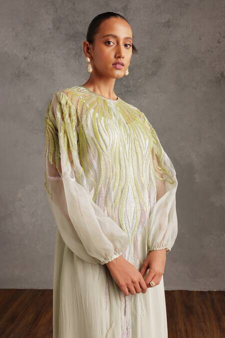 Not So Serious By Pallavi Mohan_Green Tulle Embellished Sequin Dress Round Ramona Cutdana _Online_at_Aza_Fashions