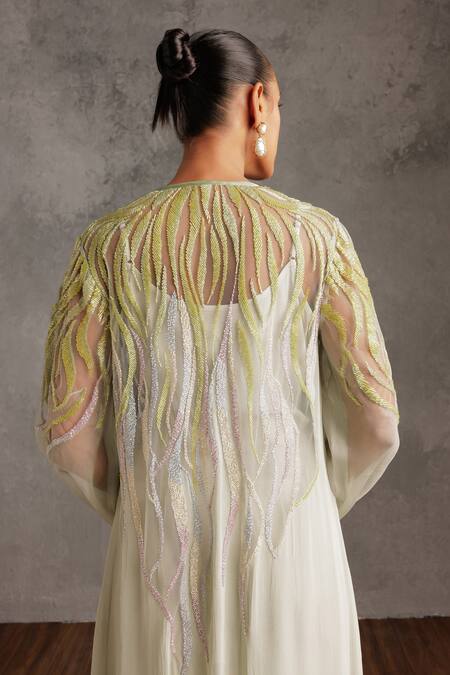 Buy_Not So Serious By Pallavi Mohan_Green Tulle Embellished Sequin Dress Round Ramona Cutdana _Online_at_Aza_Fashions