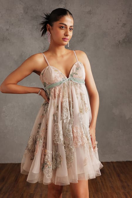 Not So Serious By Pallavi Mohan Pink Tulle Embellished Cutdana Sweetheart Reyna Embroidered Dress  