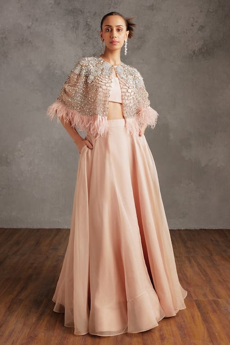 Not So Serious By Pallavi Mohan Pink Tulle Embellished Crystals Round Barbara Cape  