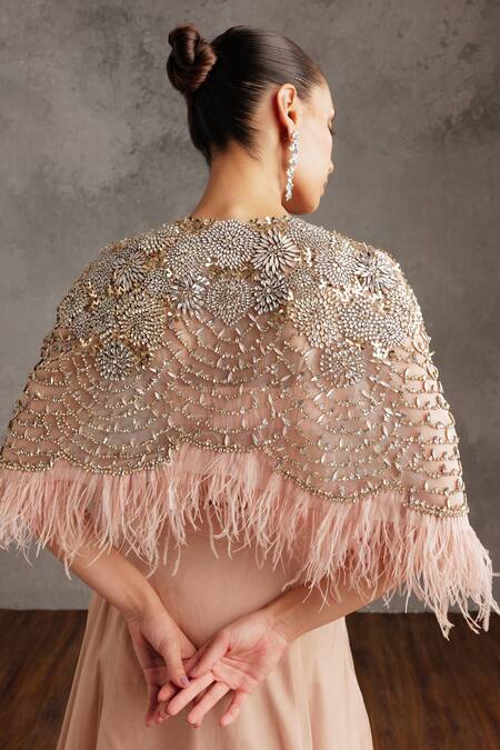 Buy_Not So Serious By Pallavi Mohan_Pink Tulle Embellished Crystals Round Barbara Cape _Online_at_Aza_Fashions