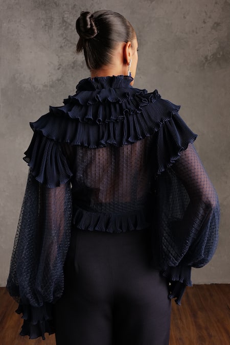 Shop Not So Serious By Pallavi Mohan Blue Tulle Round Neck Sofia Accordion Pleated Ruffle Top at Aza Fashions Shop_Not So Serious By Pallavi Mohan_Blue Tulle Round Neck Sofia Accordion Pleated Ruffle Top_at_Aza_Fashions