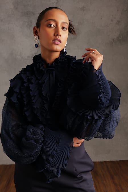 Not So Serious By Pallavi Mohan Blue Tulle Round Neck Sofia Accordion Pleated Ruffle Top Online at Aza Fashions Not So Serious By Pallavi Mohan_Blue Tulle Round Neck Sofia Accordion Pleated Ruffle Top_Online_at_Aza_Fashions