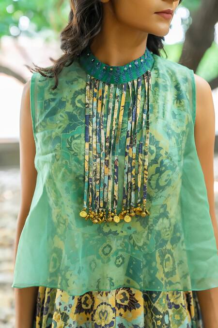 Shop_Nikita Vishakha_Green Organza Embroidery Round Neck Sheer Cape With Floral Pattern Gown _Online_at_Aza_Fashions