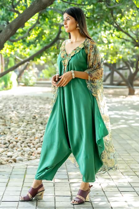 Buy_Nikita Vishakha_Green Net, Silk Embroidery V-neck Jumpsuit With Floral Pattern Cape _Online_at_Aza_Fashions