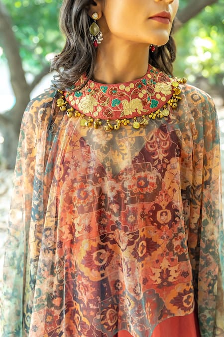 Shop_Nikita Vishakha_Orange Organza, Net Embroidery V-neck Draped Jumpsuit With Floral Pattern Cape _Online_at_Aza_Fashions