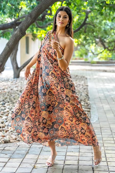 Buy_Nikita Vishakha_Orange Organza One Shoulder Floral Mosaic Pattern Dress_Online_at_Aza_Fashions