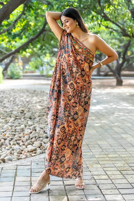Shop_Nikita Vishakha_Orange Organza One Shoulder Floral Mosaic Pattern Dress_Online_at_Aza_Fashions