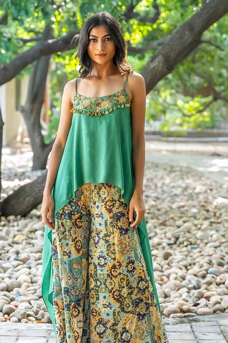 Nikita Vishakha Green Organza, Silk Embroidery Round Asymmetric Top With Mosaic Pattern Pant Online at Aza Fashions Nikita Vishakha_Green Organza, Silk Embroidery Round Asymmetric Top With Mosaic Pattern Pant _Online_at_Aza_Fashions