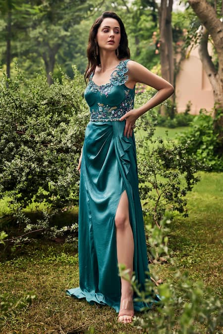 Buy Baya Blue Satin, Viscose Crystals, Fabric Flowers Scoop Neck Floral Embroidered Gown Online at Aza Fashions Buy_Baya_Blue Satin, Viscose Crystals, Fabric Flowers Scoop Neck Floral Embroidered Gown _Online_at_Aza_Fashions