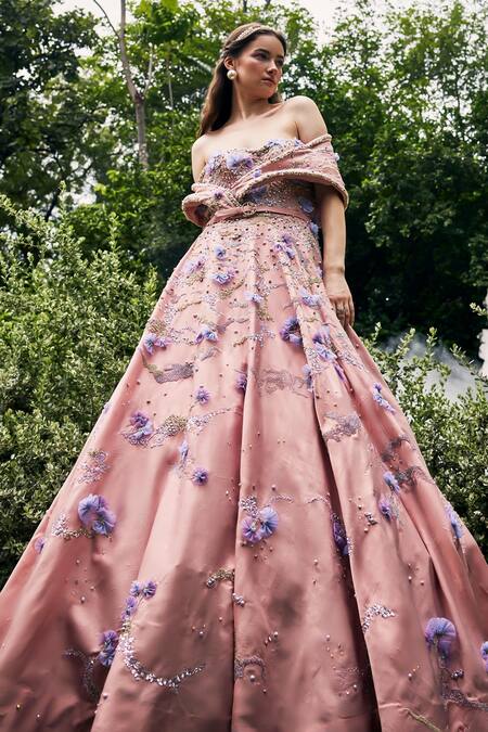 Buy_Baya_Peach Satin, Viscose Pearls, Sequins Embroidered Draped Gown With Belt _Online_at_Aza_Fashions