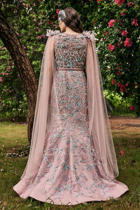 Baya Pink Organza, Net, Viscose Pearls, Sequins, Floral Embellished Gown With Belt Online at Aza Fashions Baya_Pink Organza, Net, Viscose Pearls, Sequins, Floral Embellished Gown With Belt _Online_at_Aza_Fashions