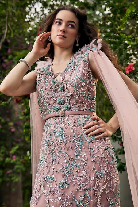Buy Baya Pink Organza, Net, Viscose Pearls, Sequins, Floral Embellished Gown With Belt Online at Aza Fashions Buy_Baya_Pink Organza, Net, Viscose Pearls, Sequins, Floral Embellished Gown With Belt _Online_at_Aza_Fashions