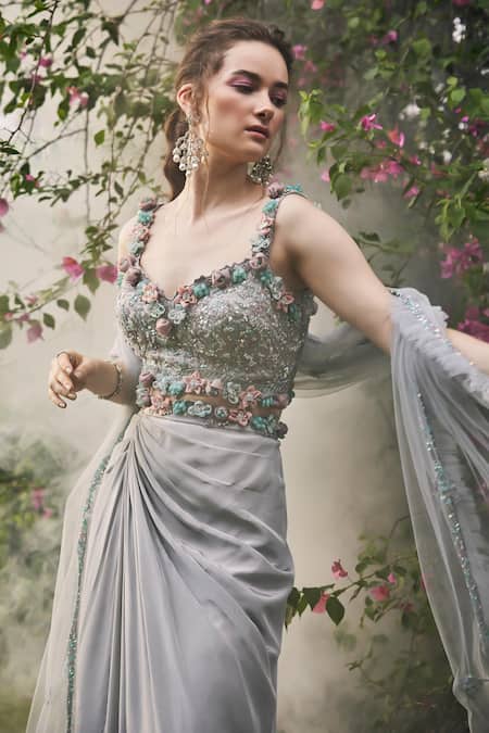 Shop Baya Grey Organza, Crepe, Viscose, Net Pearls, Draped Skirt Corset Blouse Set Online at Aza Fashions Shop_Baya_Grey Organza, Crepe, Viscose, Net Pearls, Draped Skirt Corset Blouse Set _Online_at_Aza_Fashions
