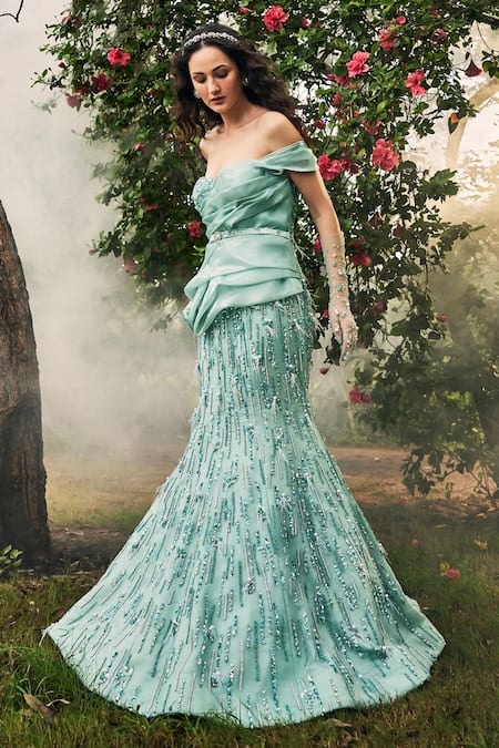 Buy_Baya_Blue Organza, Viscose Beads, Sequins Off-shoulder Embroidered Gown _Online_at_Aza_Fashions