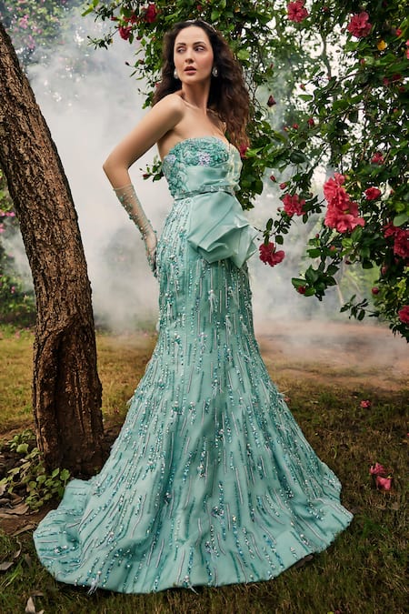Shop_Baya_Blue Organza, Viscose Beads, Sequins Off-shoulder Embroidered Gown _Online_at_Aza_Fashions