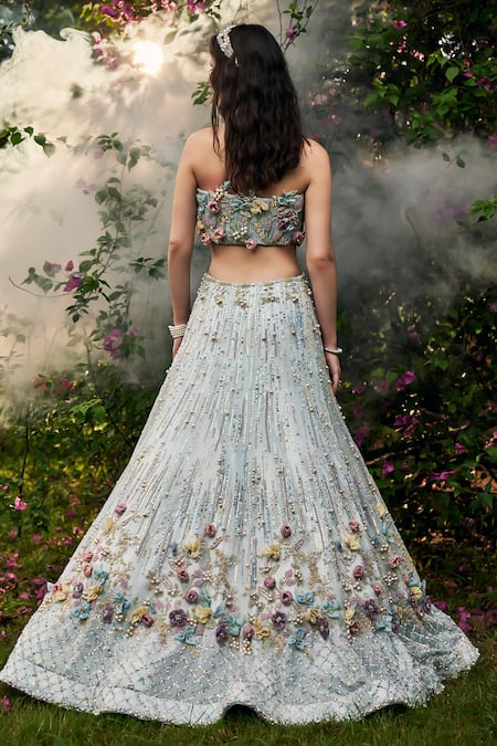 Baya_Blue Organza, Net, Viscose Sequins, Beads, Floral Embellished Lehenga Set _Online_at_Aza_Fashions