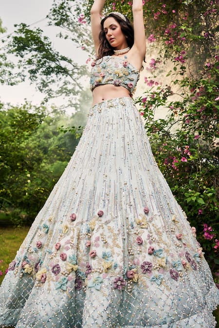 Buy_Baya_Blue Organza, Net, Viscose Sequins, Beads, Floral Embellished Lehenga Set _Online_at_Aza_Fashions