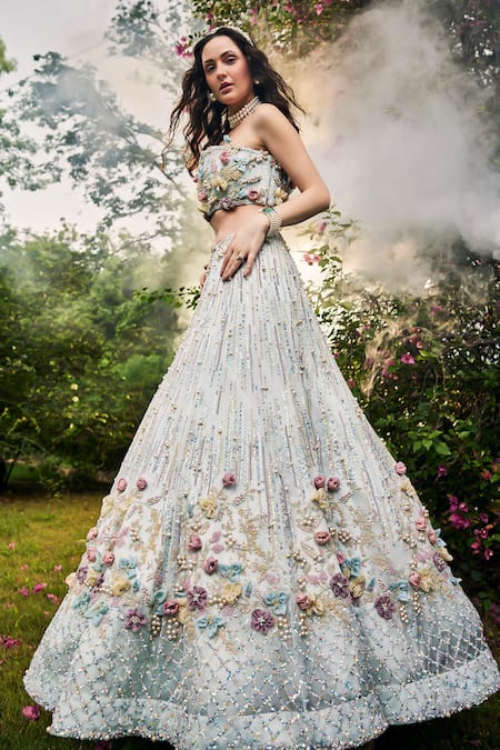Shop_Baya_Blue Organza, Net, Viscose Sequins, Beads, Floral Embellished Lehenga Set _Online_at_Aza_Fashions