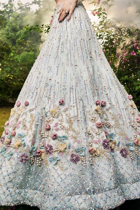 Baya_Blue Organza, Net, Viscose Sequins, Beads, Floral Embellished Lehenga Set _at_Aza_Fashions