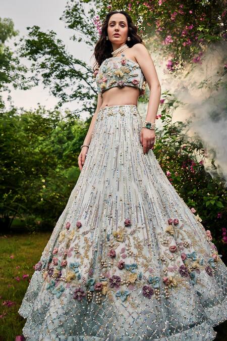 Buy_Baya_Blue Organza, Net, Viscose Sequins, Beads, Floral Embellished Lehenga Set 