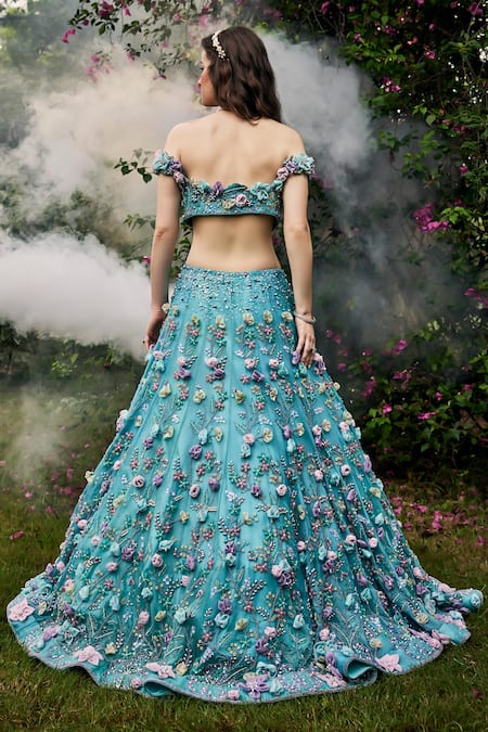 Baya_Blue Organza, Net, Viscose Pearls, Fabric Flowers, 3d Floral Lehenga Set _Online_at_Aza_Fashions