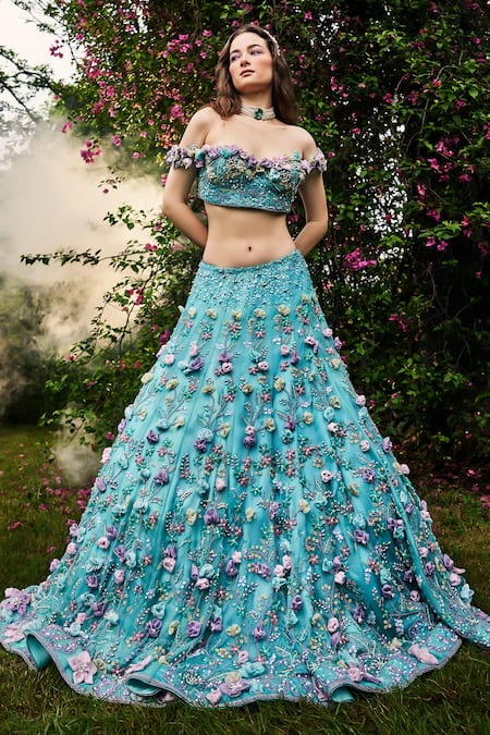 Buy_Baya_Blue Organza, Net, Viscose Pearls, Fabric Flowers, 3d Floral Lehenga Set _Online_at_Aza_Fashions