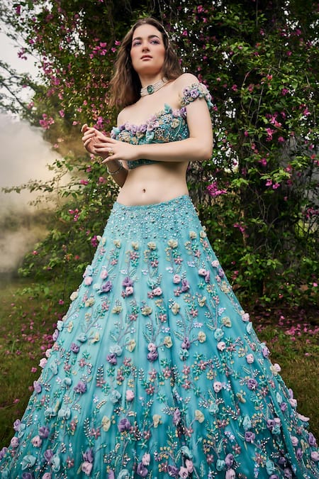 Shop_Baya_Blue Organza, Net, Viscose Pearls, Fabric Flowers, 3d Floral Lehenga Set _Online_at_Aza_Fashions