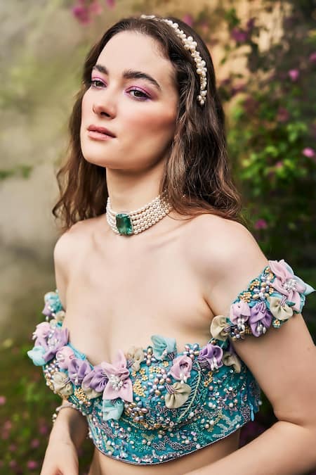 Baya_Blue Organza, Net, Viscose Pearls, Fabric Flowers, 3d Floral Lehenga Set _at_Aza_Fashions