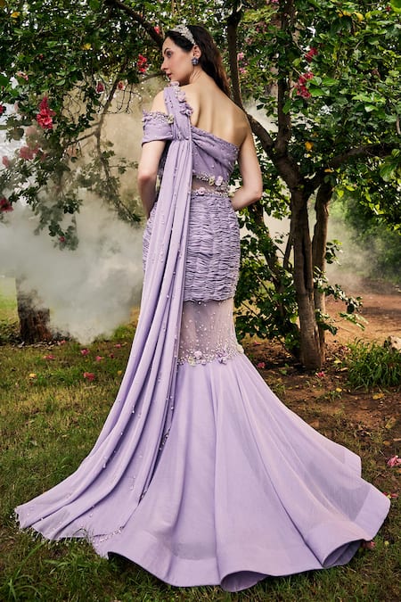 Baya_Purple Georgette, Viscose Pearls, Fabric Flowers One Shoulder Embellished Gown _Online_at_Aza_Fashions