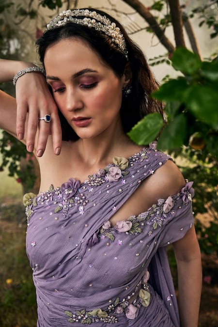 Buy_Baya_Purple Georgette, Viscose Pearls, Fabric Flowers One Shoulder Embellished Gown _Online_at_Aza_Fashions