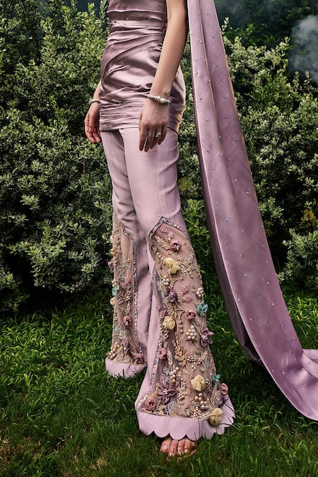 Buy_Baya_Pink Silk, Satin, Net, Linen, Viscose Embroidery, Beads, Floral Kurta Pant Set _Online_at_Aza_Fashions