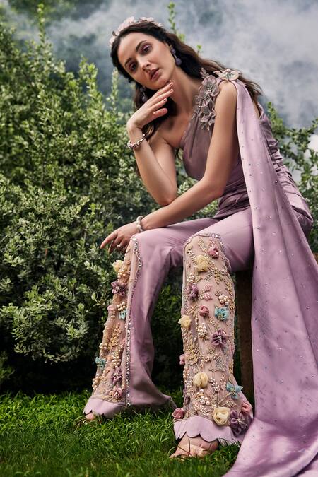 Shop_Baya_Pink Silk, Satin, Net, Linen, Viscose Embroidery, Beads, Floral Kurta Pant Set _Online_at_Aza_Fashions