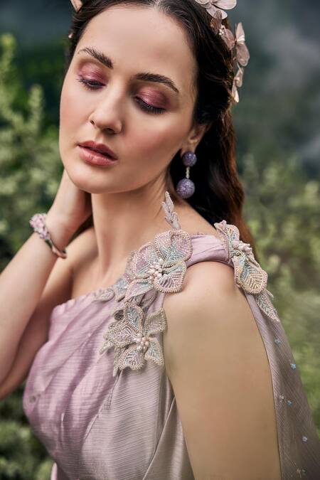 Baya_Pink Silk, Satin, Net, Linen, Viscose Embroidery, Beads, Floral Kurta Pant Set _at_Aza_Fashions