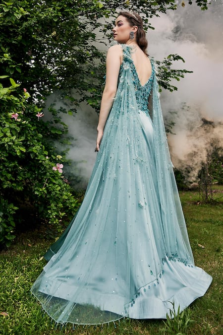 BAYA_Blue Satin Embroidered 3d Flowers V Neck Embellished Gown With Belt _Online_at_Aza_Fashions