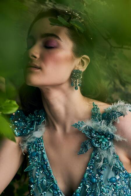 Buy_BAYA_Blue Satin Embroidered 3d Flowers V Neck Embellished Gown With Belt _Online_at_Aza_Fashions