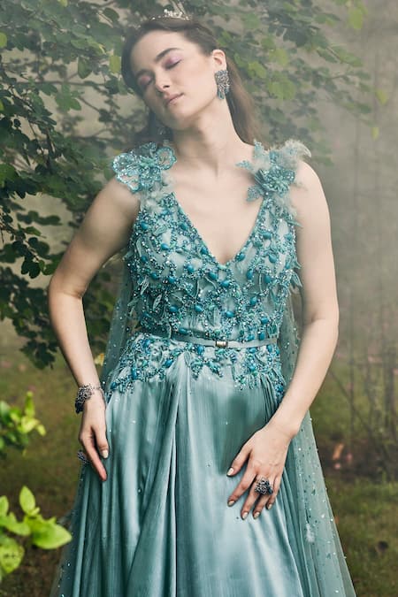 Shop_BAYA_Blue Satin Embroidered 3d Flowers V Neck Embellished Gown With Belt _Online_at_Aza_Fashions