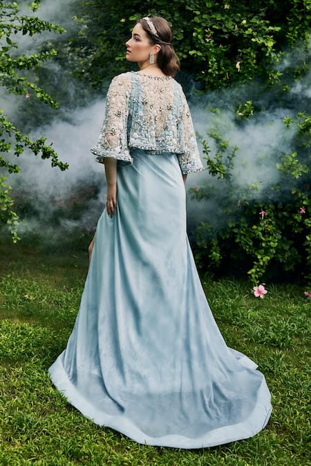 Baya_Grey Georgette, Net, Viscose Beads, Sequins Beaded Gown With Embellished Cape _Online_at_Aza_Fashions