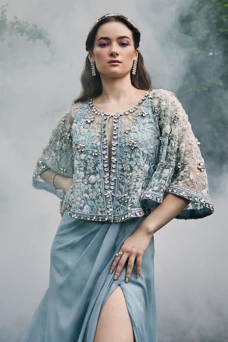 Buy_Baya_Grey Georgette, Net, Viscose Beads, Sequins Beaded Gown With Embellished Cape _Online_at_Aza_Fashions