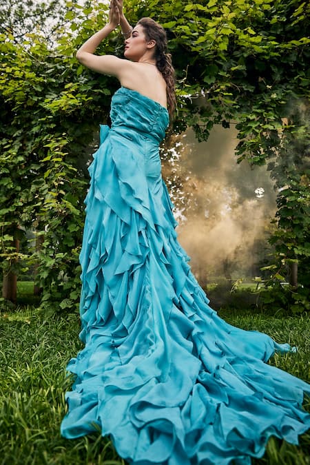 Baya_Blue Chiffon, Organza Crystals Ruffled Trail Gown With Embellished Belt _Online_at_Aza_Fashions