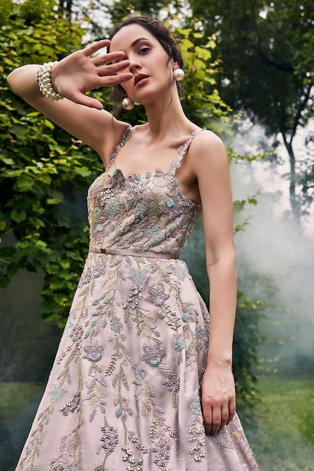 Baya_Grey Satin Cut Work, Sequins, Beads Corseted Embellished Gown With Veil _Online_at_Aza_Fashions