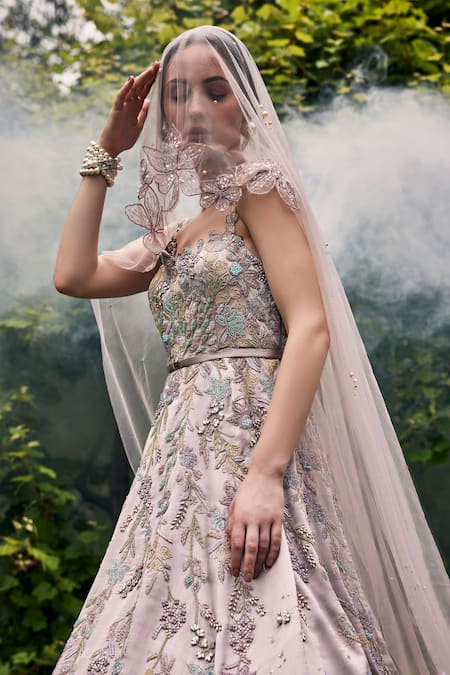 Buy_Baya_Grey Satin Cut Work, Sequins, Beads Corseted Embellished Gown With Veil _Online_at_Aza_Fashions
