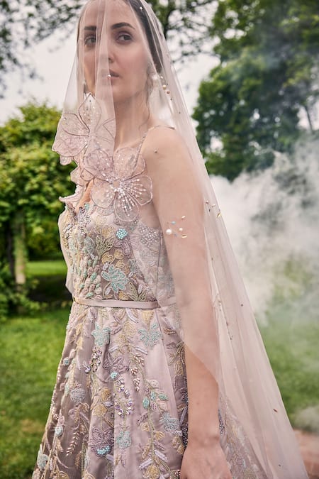 Shop_Baya_Grey Satin Cut Work, Sequins, Beads Corseted Embellished Gown With Veil _Online_at_Aza_Fashions