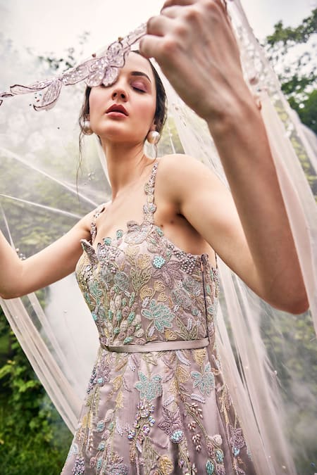 Baya_Grey Satin Cut Work, Sequins, Beads Corseted Embellished Gown With Veil _at_Aza_Fashions