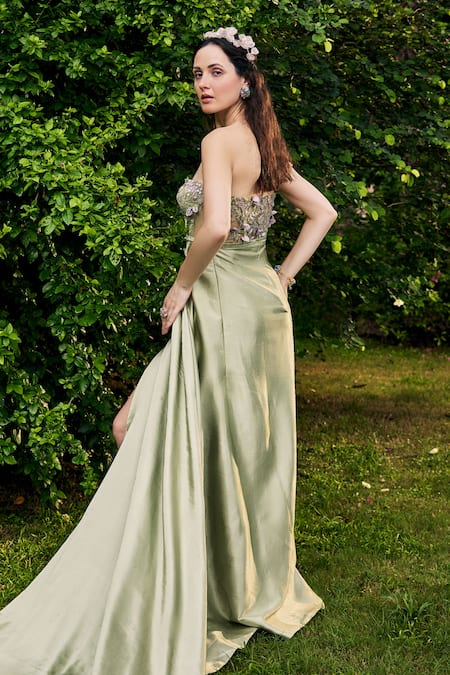 Baya_Green Satin, Net, Viscose Cut Floral Embroidered Draped Sleeve Gown With Belt _Online_at_Aza_Fashions