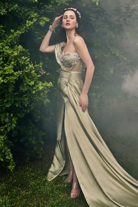 Buy_Baya_Green Satin, Net, Viscose Cut Floral Embroidered Draped Sleeve Gown With Belt _Online_at_Aza_Fashions