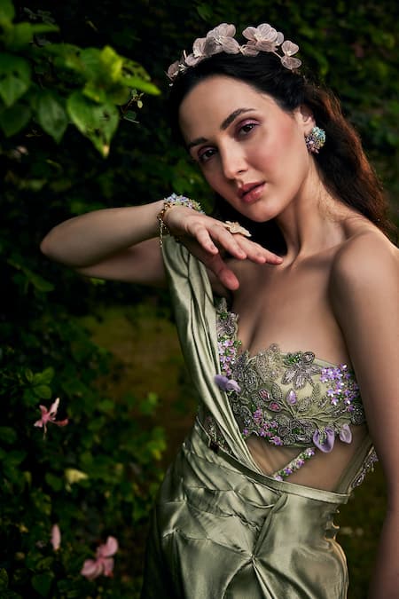 Shop_Baya_Green Satin, Net, Viscose Cut Floral Embroidered Draped Sleeve Gown With Belt _Online_at_Aza_Fashions